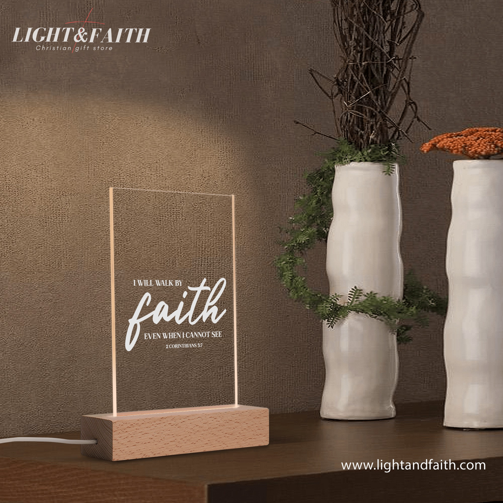 I Will Walk By Faith Even When I Cannot See LED Light, Christian Bible Verse Lamp, Christian Home Decor, Faith Based Decor, Religious LED Light. NLLAF07